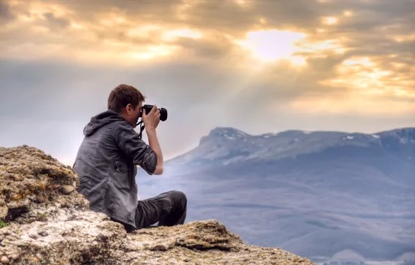 Картинка небо, пейзаж, горы, высота, фотоаппарат, фотограф, парень, Highlands photography