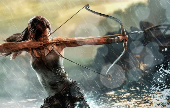 Девушка, дождь, майка, лук, арт, снаряжение, Lara Croft, Tomb raider