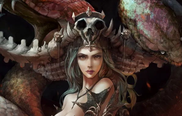 Skull, girl, fantasy, snake, Queen, crown, face, artwork