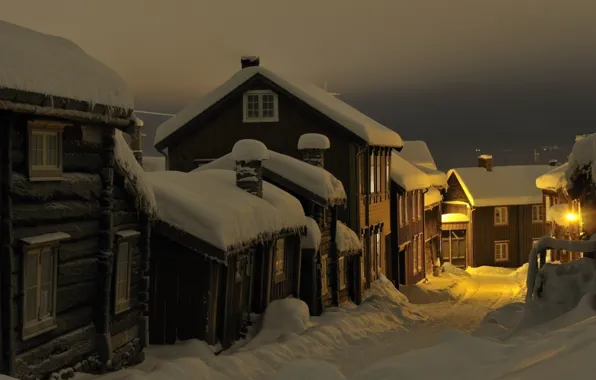 Картинка зима, снег, ночь, деревня, Норвегия, сугробы, уютно, Рёрус