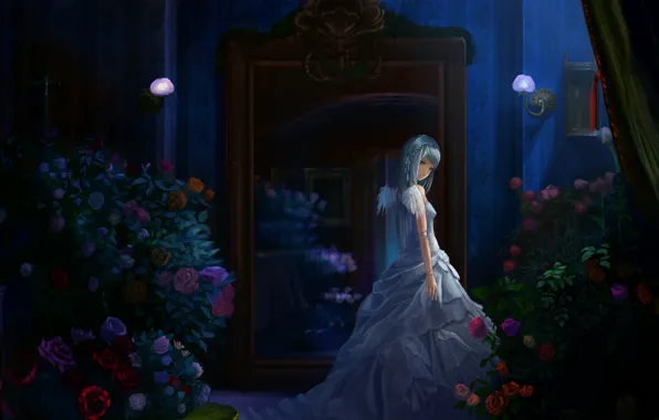 Картинка девушка, цветы, ночь, комната, крылья, свечи, платье, арт
