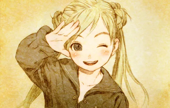 Улыбка, прическа, жест, униформа, подмигивание, два хвостика, Last Exile, Изгнанник