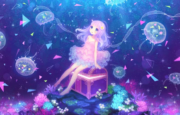 Картинка цветок, океан, аниме, кораллы, слезы, арт, медузы, девочка