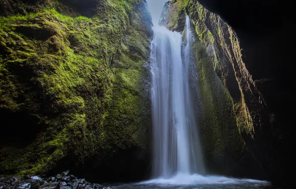 Зелень, гора, водопад, мох, Исландия, Iceland