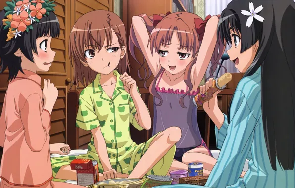 Комната, подруги, to aru majutsu no index, ужин, вкусняшки, пижамы, Некий научный Рейлган, shirai kuroko