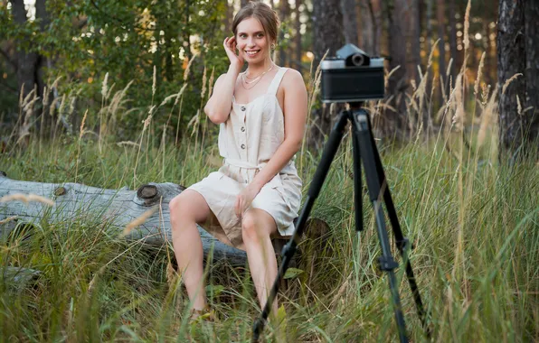 Forest, trees, camera, model, brunette, gorgeous, photoshoot, posing