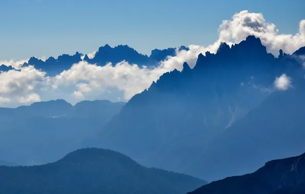 Sky, landscape, Italy, Dolomiti, blue silhouettes