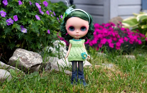 Игрушка, кукла, сад, зелёные волосы