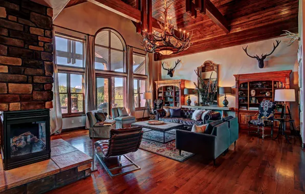 Картинка living room, fireplace, Colorado, country style, luxury ranch and farm