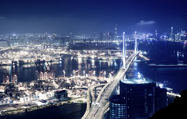 Картинка ночь, мост, город, огни, здания, Гонконг