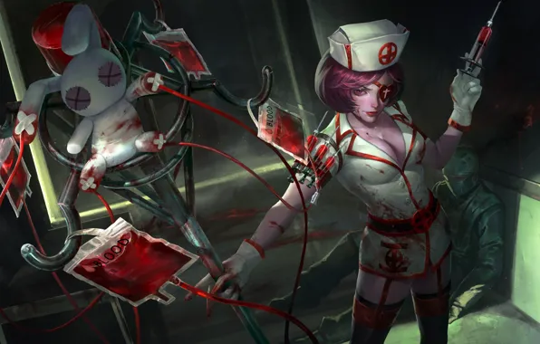 Картинка грудь, кровь, кролик, костюм, медсестра, шприц, art, Heroes of Newerth