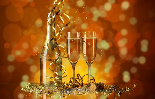Картинка праздник, бутылка, новый год, бокалы, пробка, шампанское, серпантин, боке