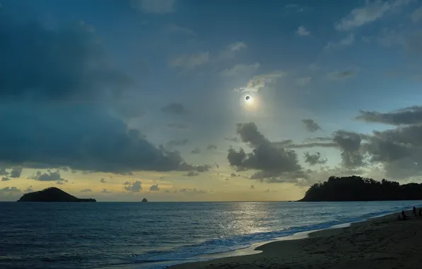 Облака, океан, Солнце, Луна, Австралия, затмение, Australia, Queensland