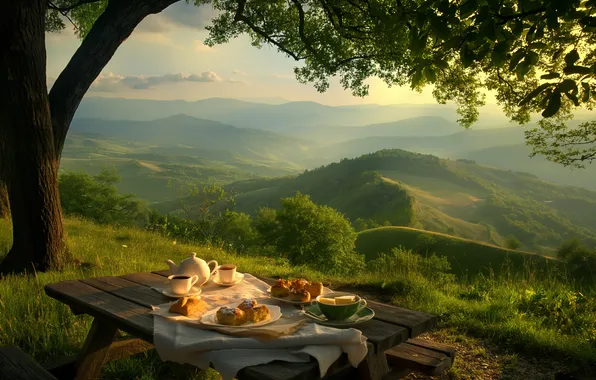 Mountains, breakfast, table