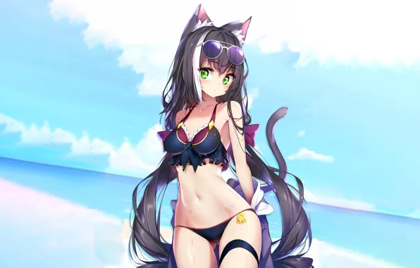 Girl, sexy, cleavage, beach, long hair, sea, boobs, anime