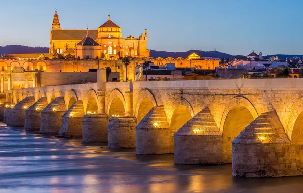 Картинка ночь, мост, огни, река, собор, Испания, Кордова