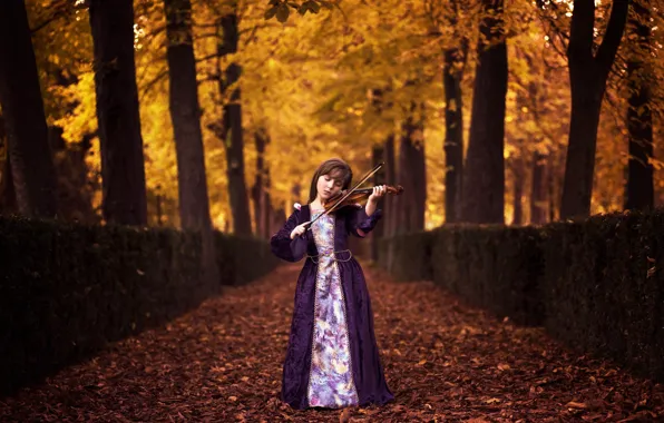 Картинка осень, скрипка, девочка