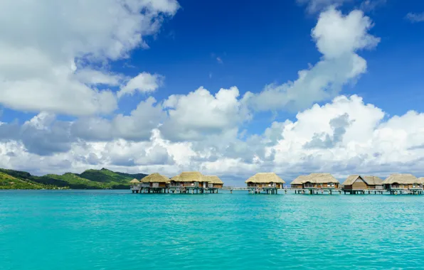 Море, облака, берег, бунгало, Bora Bora, Французская Полинезия