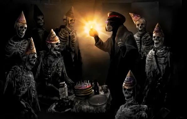 Картинка день рождения, торт, капитан, застолье, скелеты, романтика апокалипсиса, romantically apocalyptic, happy birthday