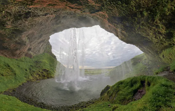 Картинка водопад, пещера, Исландия, Seljalandsfoss