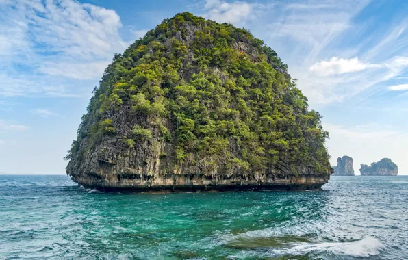 Море, небо, облака, деревья, скалы, горизонт, Таиланд, залив