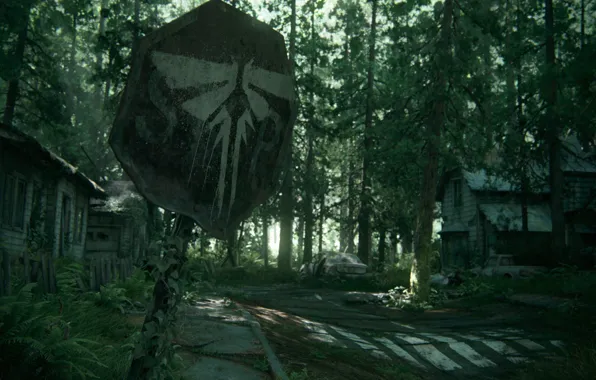 Картинка лес, деревья, дом, знак, арт, цикады, Naughty Dog, The Last of Us Part II