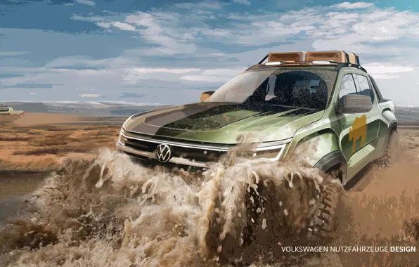 Картинка Volkswagen, Грязь, Брызги, Пикап, Арт, Фольксваген, Amarok, 2022