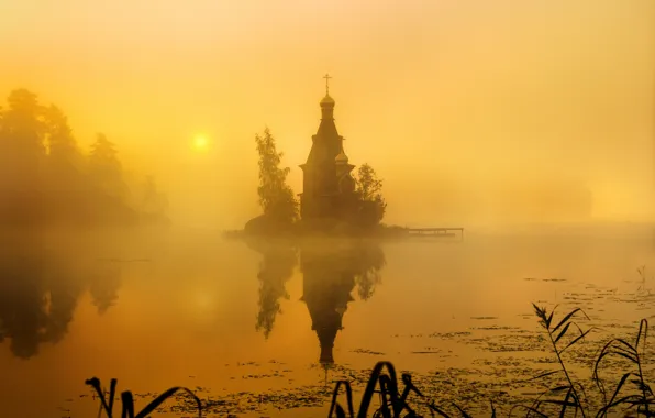 Туман, утро, Россия, Церковь Андрея Первозванного, Вуокса