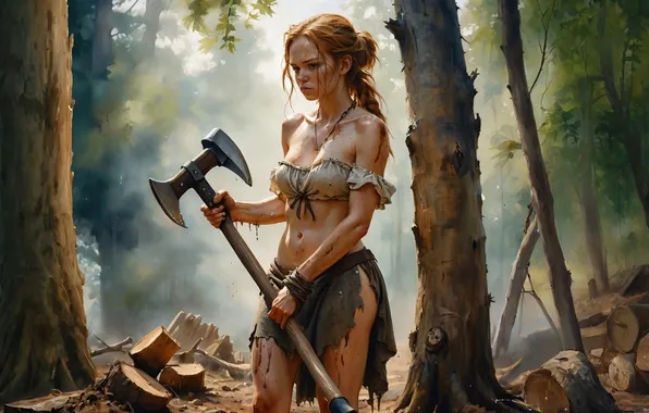 Картинка axe, girl, forest, weapon, savage, ai art