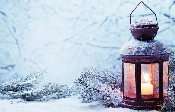 Зима, снег, свеча, фонарь, Новый год, new year, winter, snow