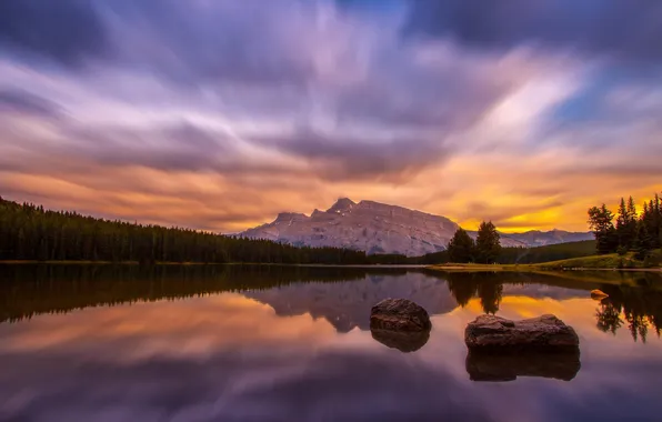 Лес, горы, озеро, Канада, Banff, Two Jack Lake