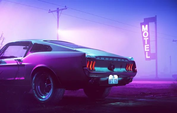 1969, Ford Mustang, Neon, Motel