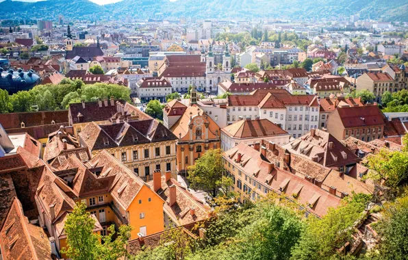 Австрия, крыши, панорама, Грац