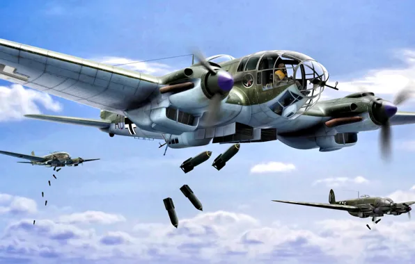 Картинка Германия, art, Бомбардировщик, Heinkel, Вторая Мировая война, He-111, WWII, авиабомбы