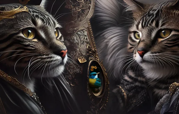 Украшения, кошки, птица, коты, портрет, арт, пара, морды