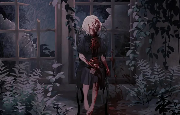 Девушка, дождь, кровь, стул, Nijisanji, виртуальный ютубер, Jijia, Kudou Chitose