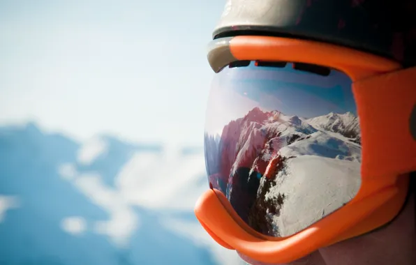 Mountains, helmet, goggles Snow