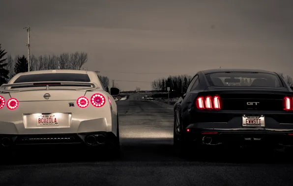 Ford, пара, Nissan, GT-R, вид спереди, Mustang GT
