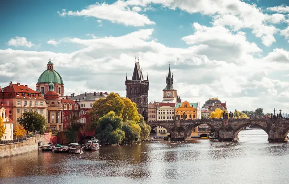 Картинка небо, мост, река, дома, Прага, Чехия