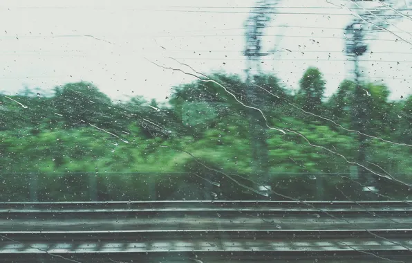 Дорога, капли, движение, дождь, купе, поезд, окно, железная