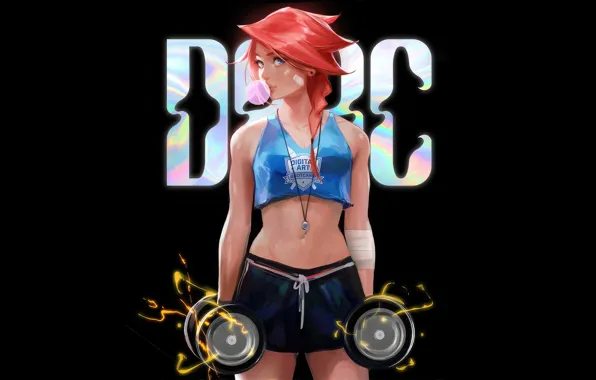 Girl, shorts, red hair, art, top, dark background, dumbbells, bubble gum