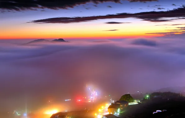 Картинка закат, город, туман
