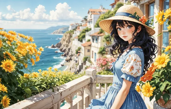Море, лето, девушка, солнце, цветы, портрет, красота, шляпа