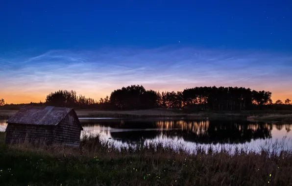 Картинка озеро, вечер, Канада, изба, lake, evening, hut, светляки