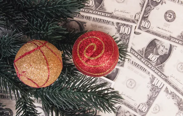 Деньги, Рождество, Новый год, купюры, ёлочные игрушки, новогодние украшения, новогодние декорации