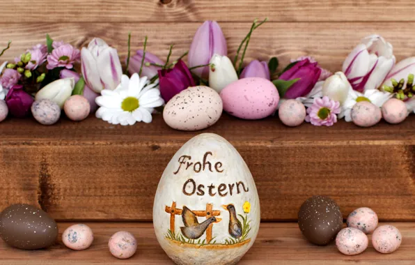 Картинка цветы, праздник, доски, яйца, Пасха, тюльпаны, Easter, крашенки