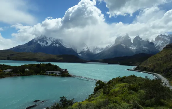 Картинка bridge, river, горы, дорога, sky, река, облака, Patagonia