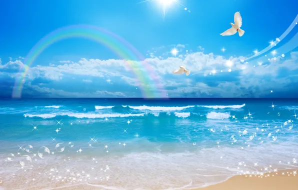 Картинка песок, море, волны, небо, солнце, облака, полет, пейзаж