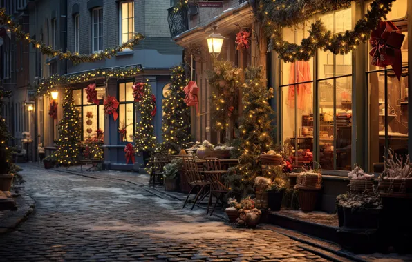 Новый Год, street, snow, зима, fir tree, город, lights, Christmas