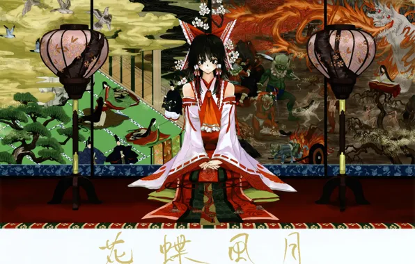 Птицы, пламя, сад, фонари, иероглифы, демоны, touhou, art